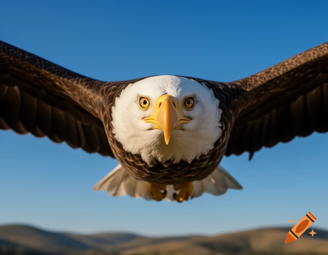 Photorealistic bald eagle flying directly towards the viewer against a blue sky with blurred hills.
