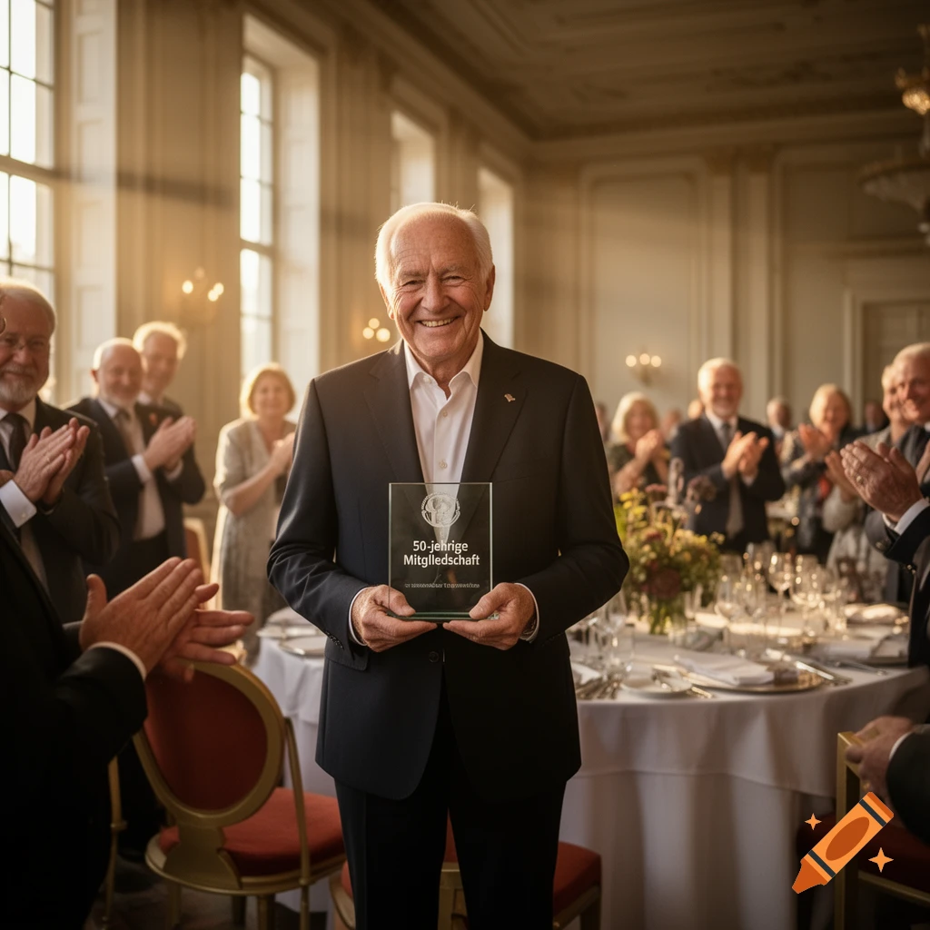 An older man in a suit smiles, holding an award that reads "50-jährige Mitgliedschaft" as people applaud in a formal hall.