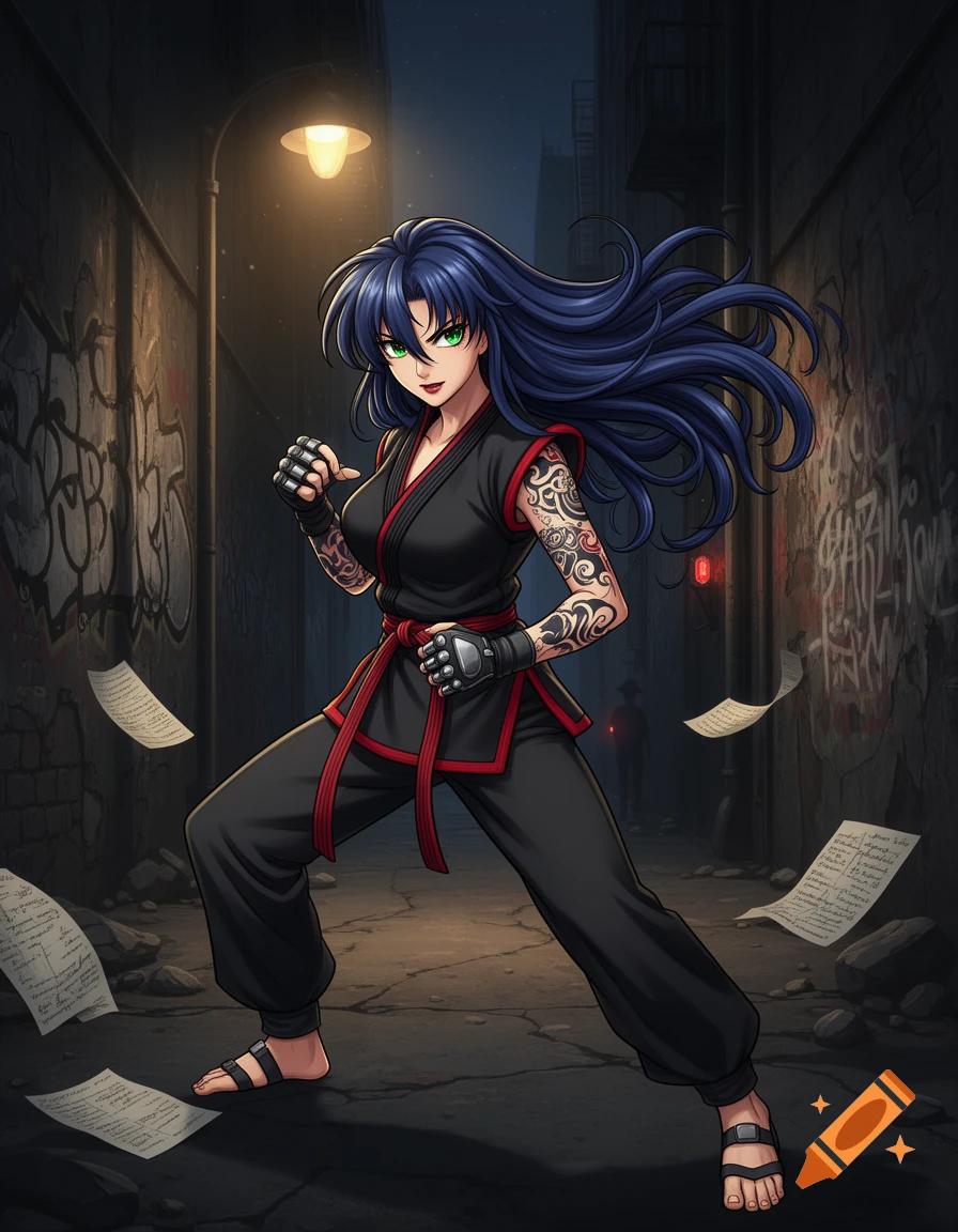 Anime female martial artist with dark blue hair and tattoos, wearing a black gi, in a fighting stance in a dark alley at night.