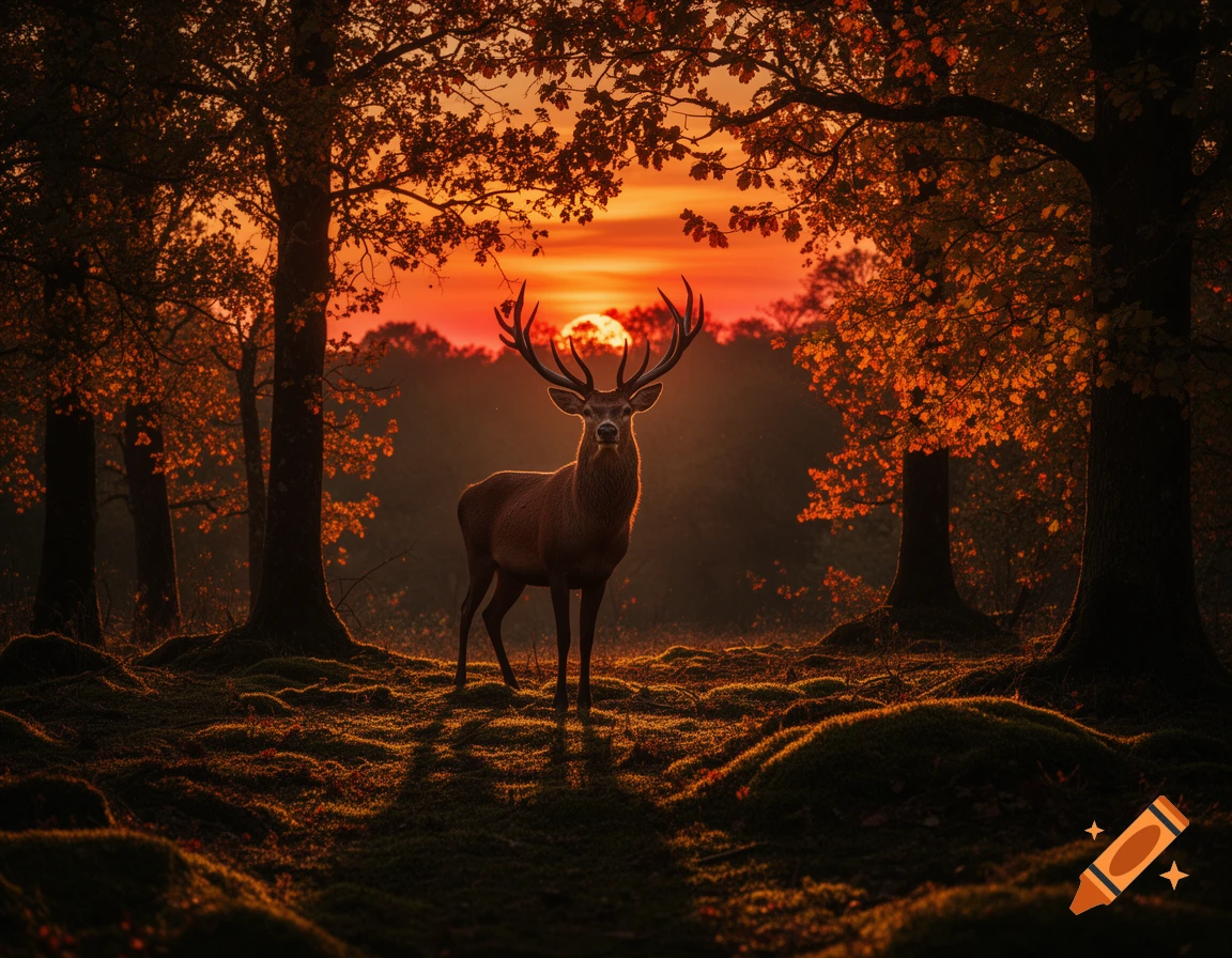A majestic deer stands in a forest clearing, silhouetted against a vibrant orange sunset.