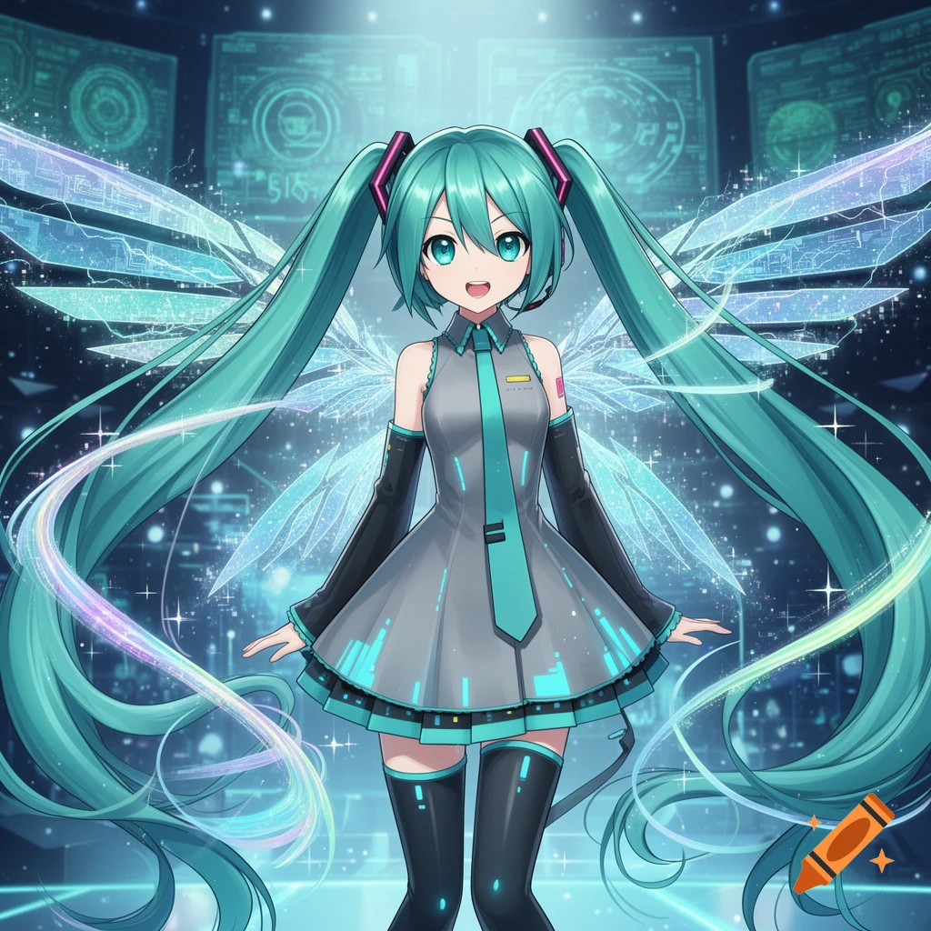 Anime girl with long teal pigtails, a grey uniform, and glowing wings in a futuristic digital environment.