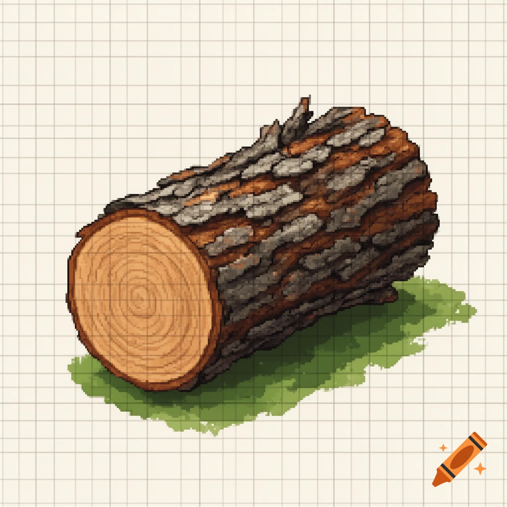 Pixel art log with textured bark and visible wood grain on a grid background, casting a green shadow.