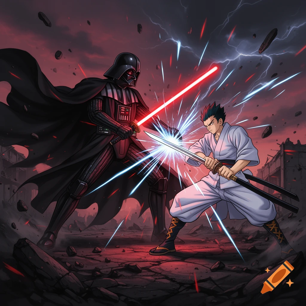 Darth Vader and an anime swordsman clash with a lightsaber and katana in a dramatic, ruined landscape, anime style.