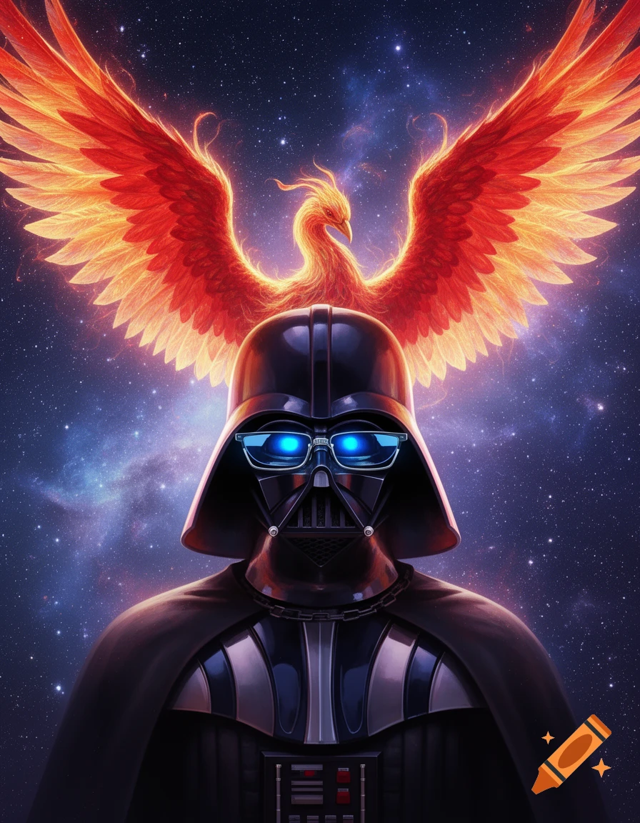 Darth Vader wearing blue glowing glasses with a fiery phoenix behind him against a starry space background.