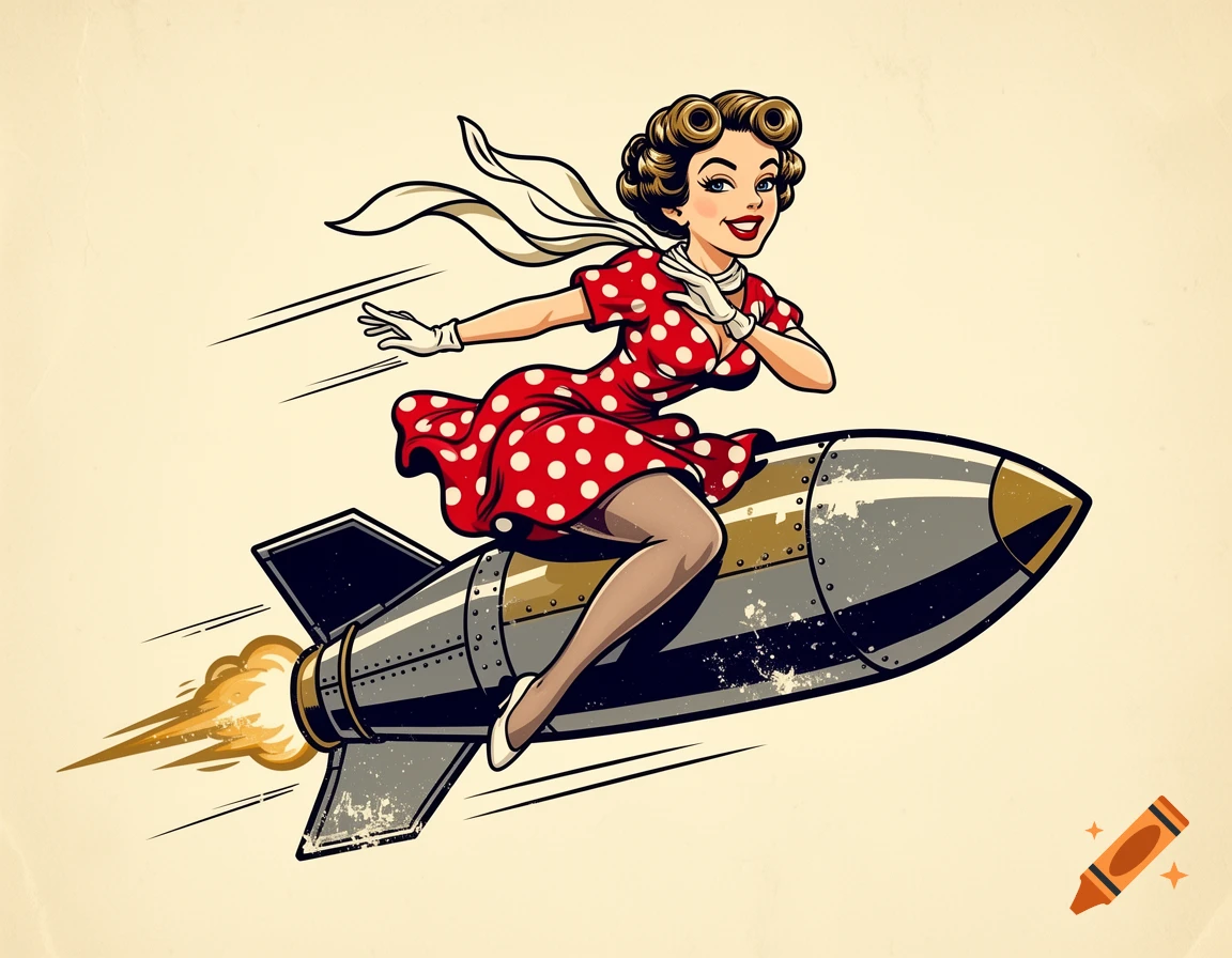 A retro cartoon pin-up woman in a red polka-dot dress rides a rocket, with a vintage nose art style.