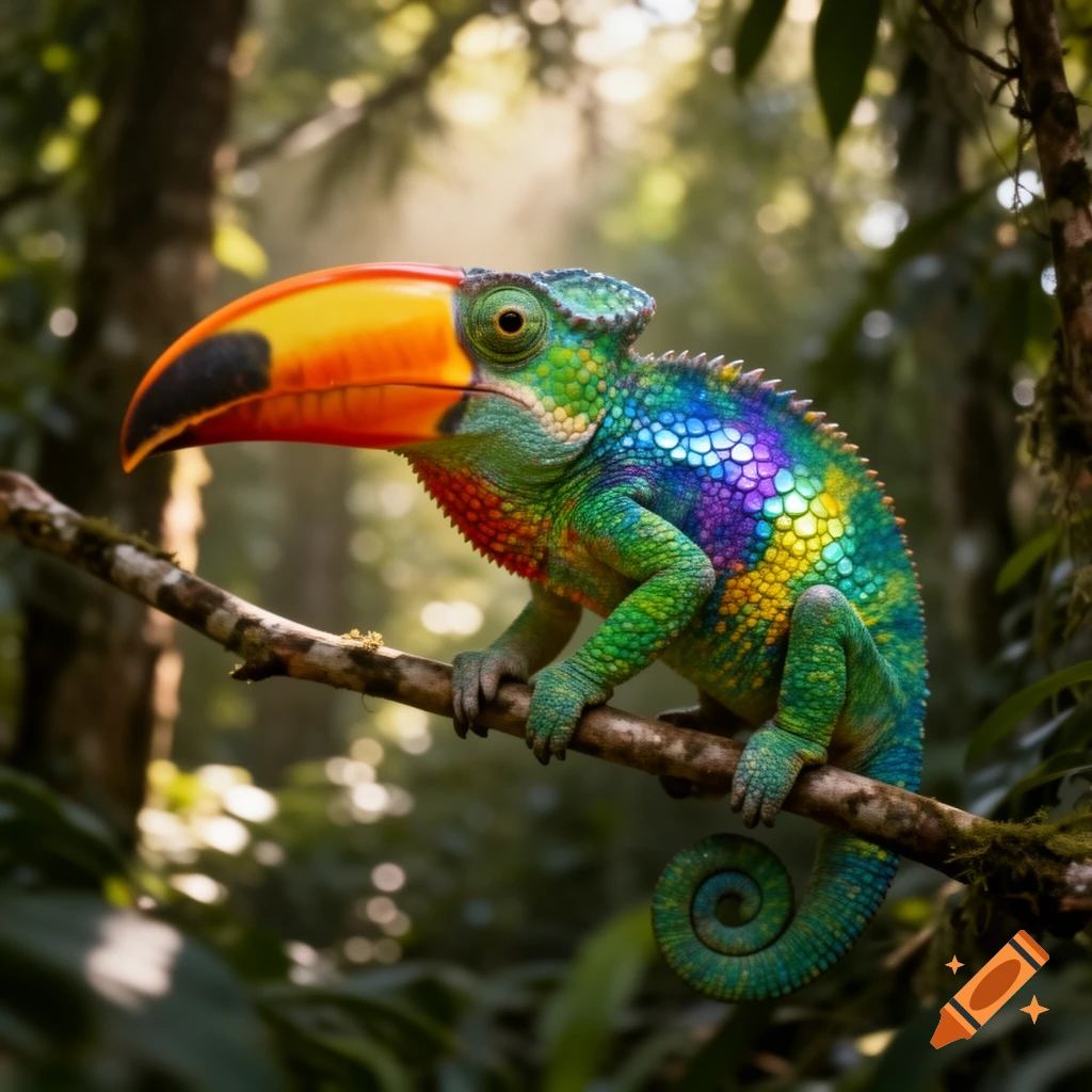 A vibrant, rainbow-scaled chameleon with a toucan's colorful beak and head, perched on a branch in a sunlit jungle.