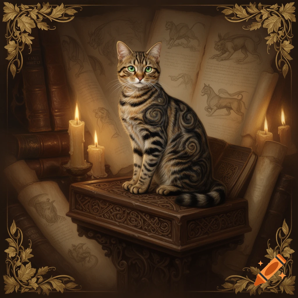 A stylized tabby cat with green eyes sits atop an ornate wooden book, surrounded by candles, scrolls, and ancient texts with fantastical creature drawings, all framed by golden leaf borders.