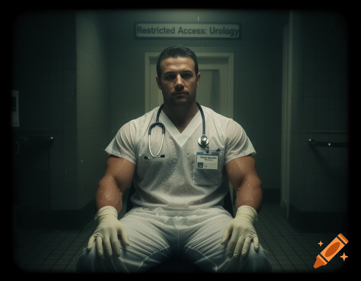 Muscular doctor in wet white scrubs and gloves sitting in a dimly lit, eerie room with a 'Restricted Access: Urology' sign above a door. VHS-style photo.