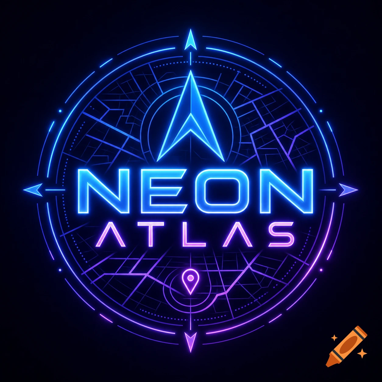 A neon blue and purple logo for 'Neon Atlas' featuring a compass with a map pattern inside a circle.