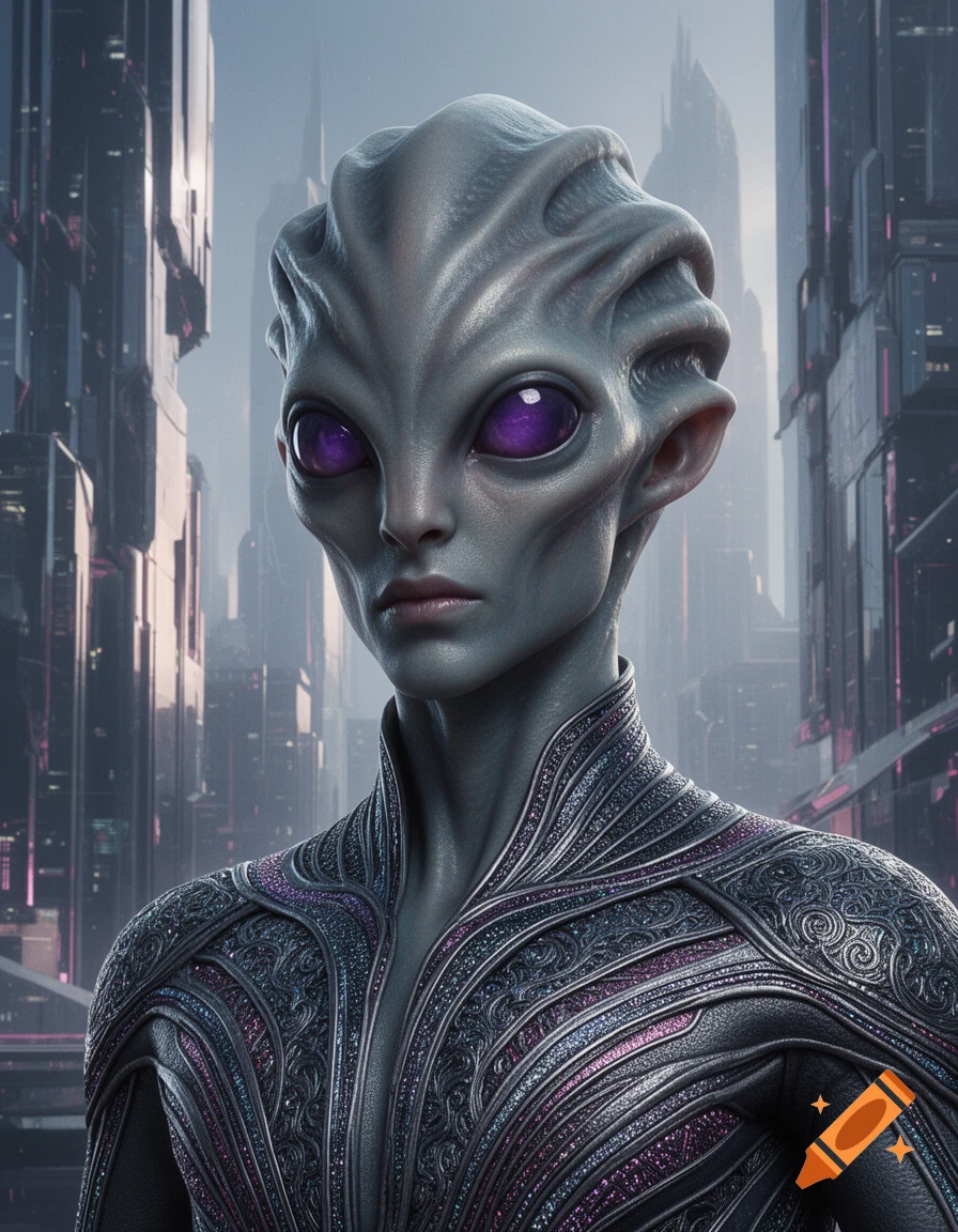 A photorealistic portrait of a grey-skinned alien with large purple eyes, wearing an ornate, textured suit, standing in a futuristic city.