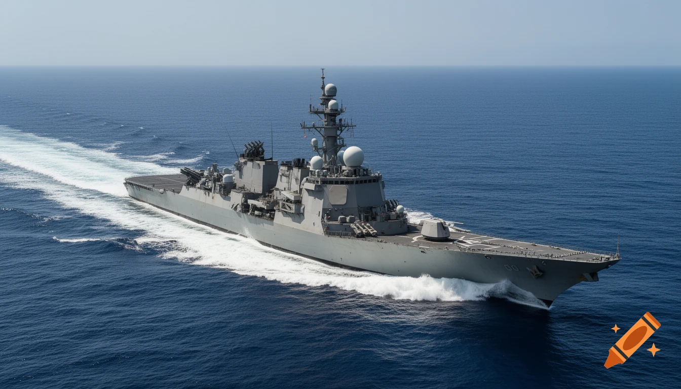 A grey battleship with radar domes and weapon systems cuts through deep blue water, leaving a white wake under a clear sky.