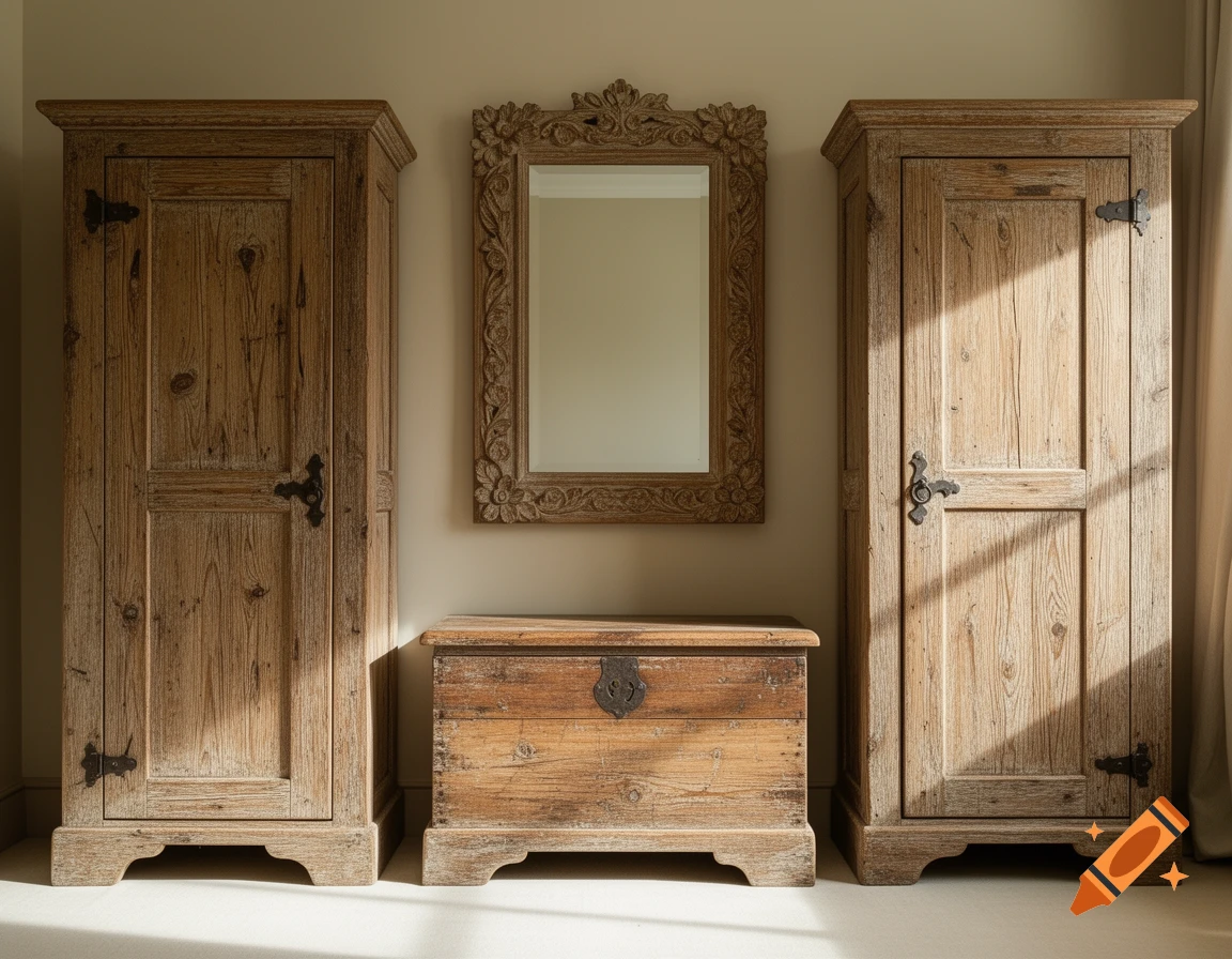 Two rustic wooden wardrobes flank a matching wooden chest, topped with an ornate mirror, against a light wall.