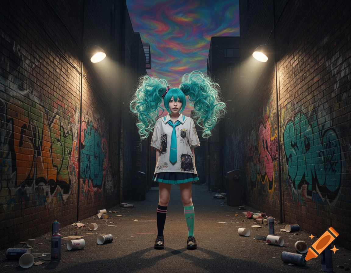 Hatsune Miku with large turquoise pigtails stands in a dark, graffiti-covered alley with an abstract, colorful sky, in a realistic style.