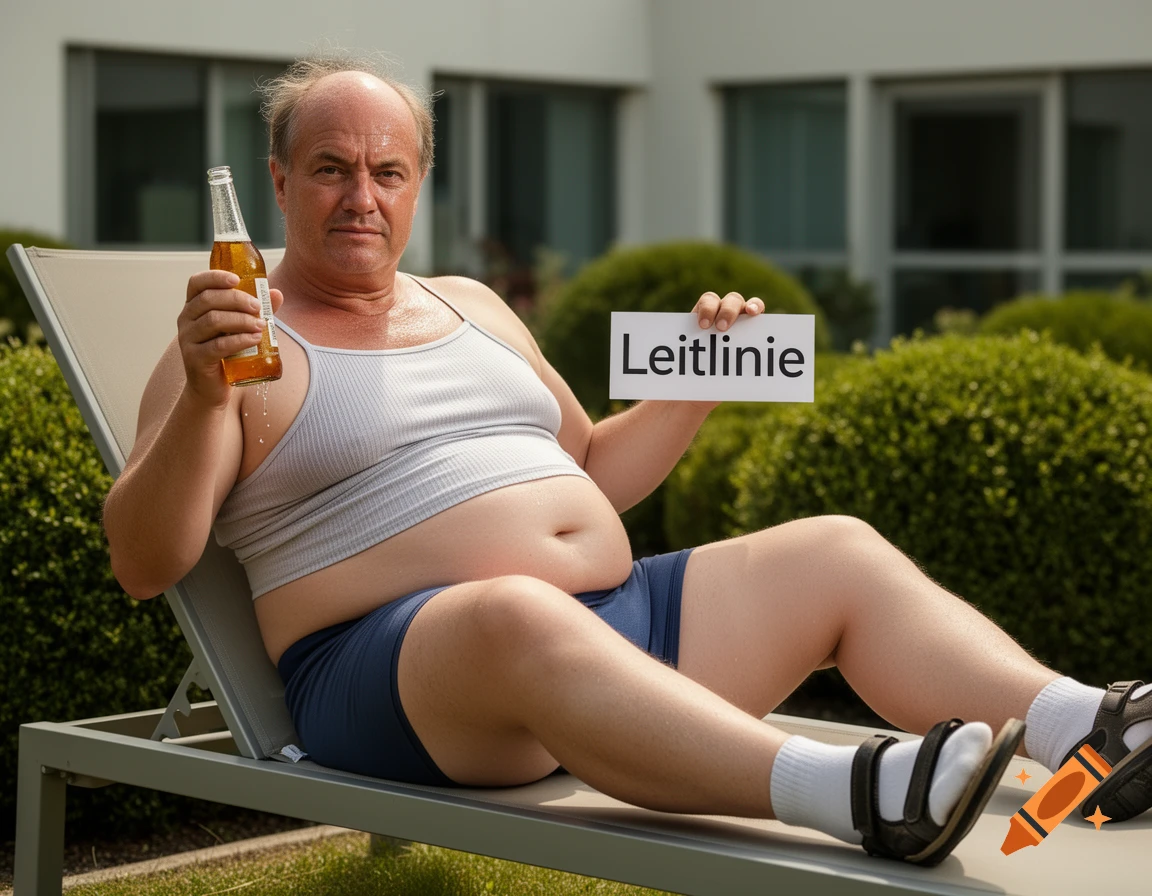Overweight bald man in a tank top and shorts sits on a sun lounger, holding a beer and a 'Leitlinie' sign, looking ahead.