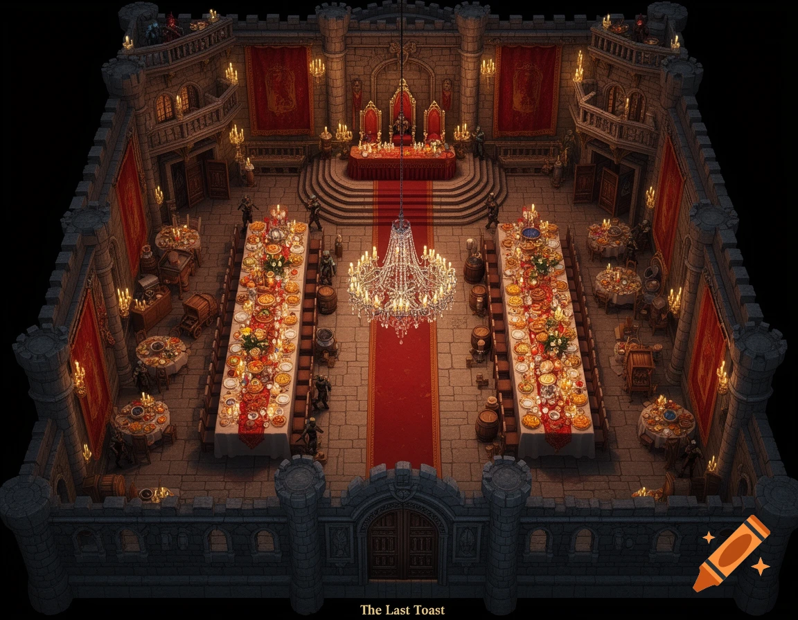 A detailed top-down fantasy battle map of a grand medieval castle feast hall, with long banquet tables laden with food, a chandelier, and a raised dais with thrones. Detailed stone walls and red banners complete the scene.