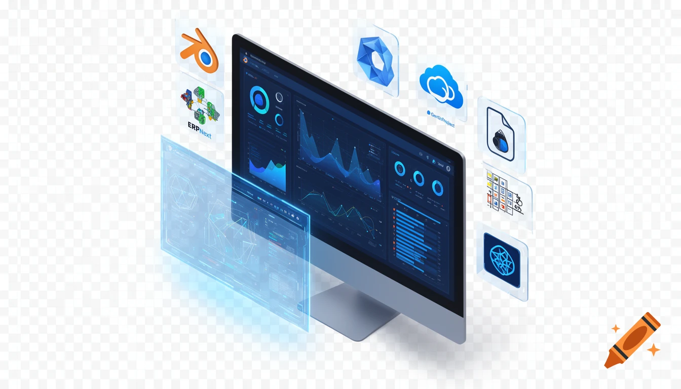 An isometric view of a monitor displaying a dark blue interactive data dashboard with charts and graphs, surrounded by floating software icons and a transparent holographic display.