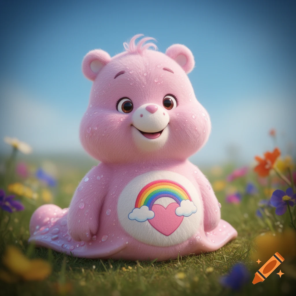 A pink, fuzzy, slug-like Care Bear with a rainbow and heart on its belly, sitting in a dewy green field with colorful wildflowers under a blue sky.