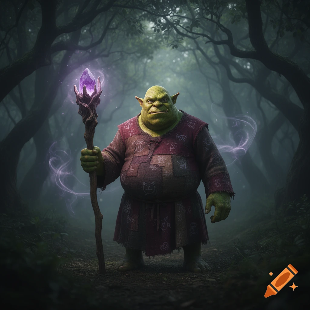 A stout green ogre wearing a patched tunic stands in a misty forest, holding a staff topped with a glowing purple crystal, emitting magic.