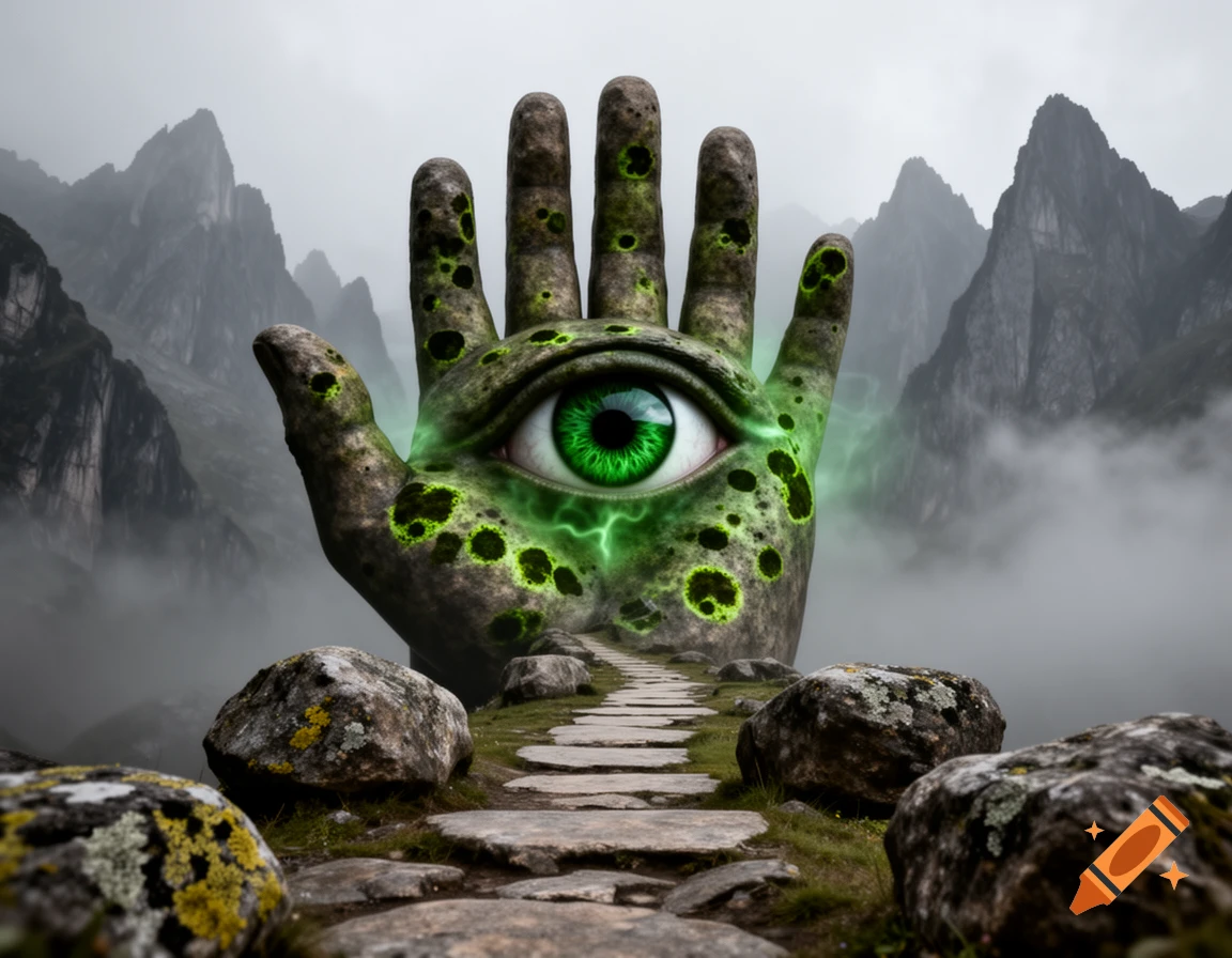 A surreal giant, moss-covered hand with a glowing green eye on its palm stands in a misty mountain landscape, with a stone path leading towards it.