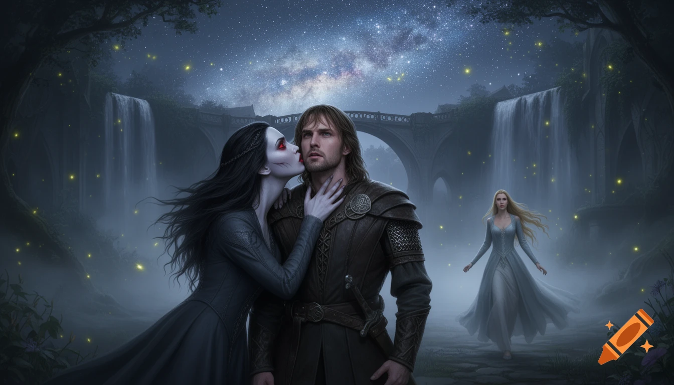 A pale vampire woman with red eyes bites a man's neck in a misty, starlit fantasy landscape with waterfalls, an ancient bridge, and glowing fireflies. Another woman in white approaches in the background.