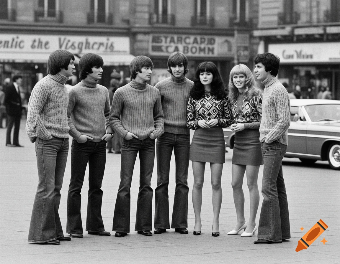 A black and white photograph shows six young people dressed in 60s-70s fashion, with four men and two women, standing outdoors.