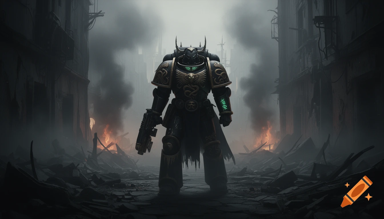 A formidable Alpha Legion Chaos Space Marine in dark, serpent-adorned power armor with glowing green runes, stands in a ruined, smoky cityscape with fires.