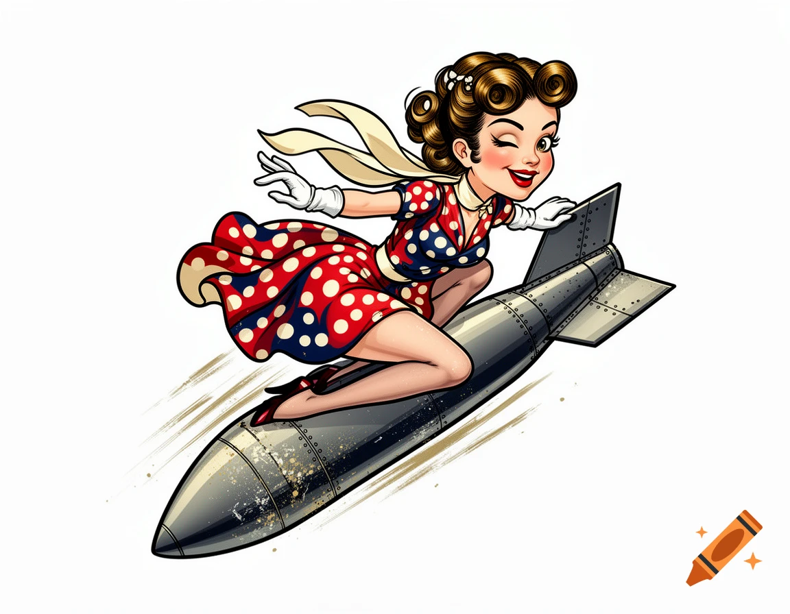 Cartoon pin-up woman winking in a polka-dot dress, riding a bomb in vintage nose art style.