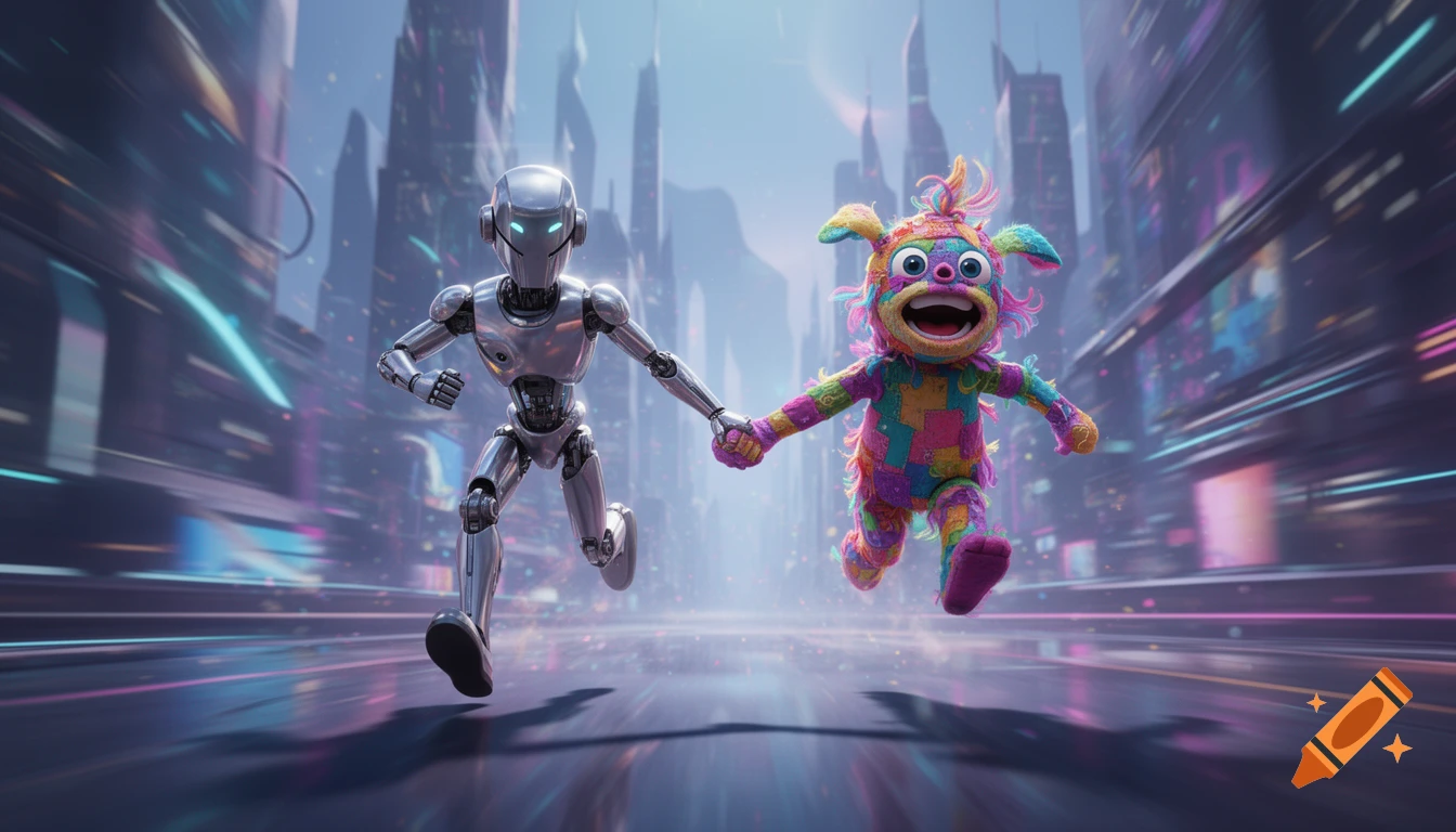 A shiny silver robot and a colorful, furry creature run hand-in-hand through a futuristic city street with motion blur.