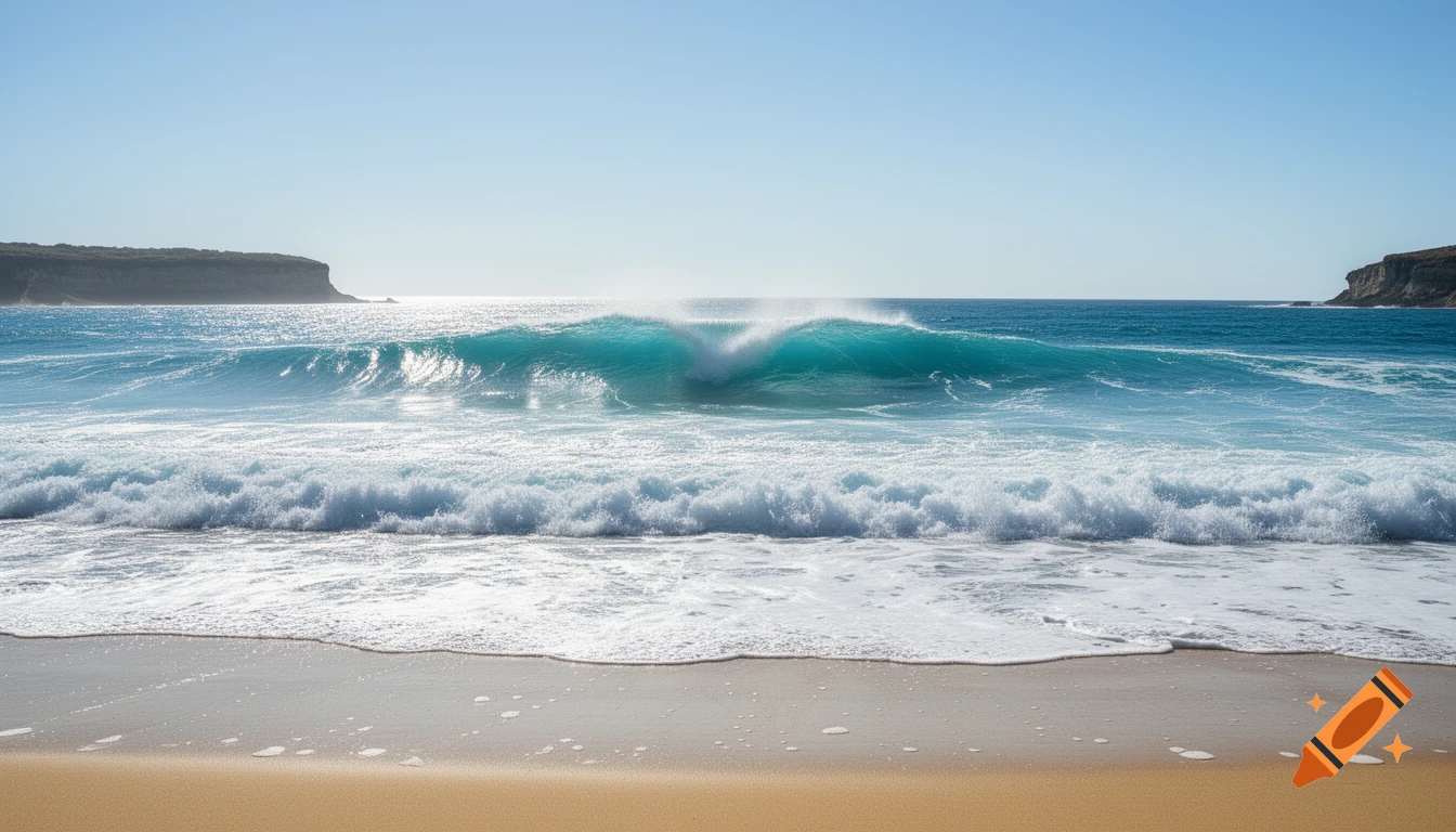 Photorealistic scene of turquoise waves crashing on a sandy beach, with cliffs in the distance under a clear blue sky.