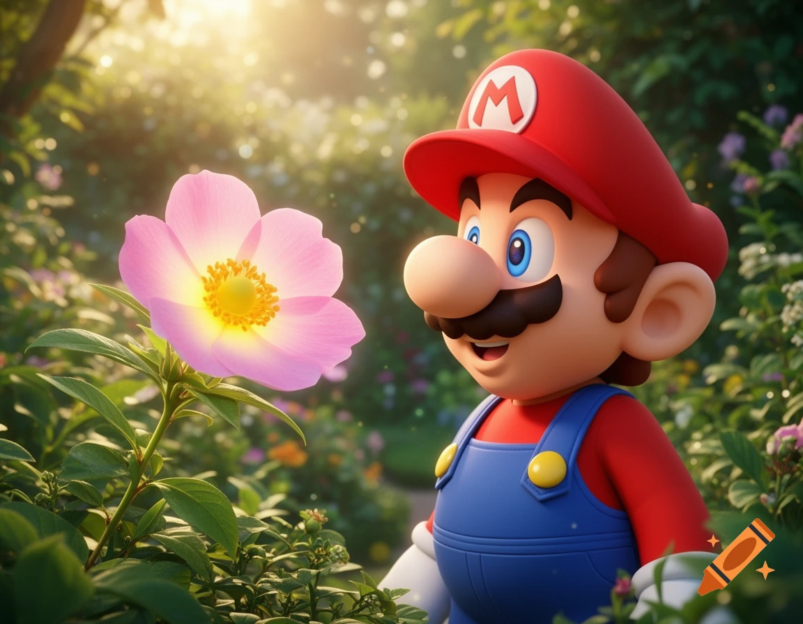 Mario, a 3D cartoon character, gazes at a glowing pink flower in a sunlit, vibrant green garden.