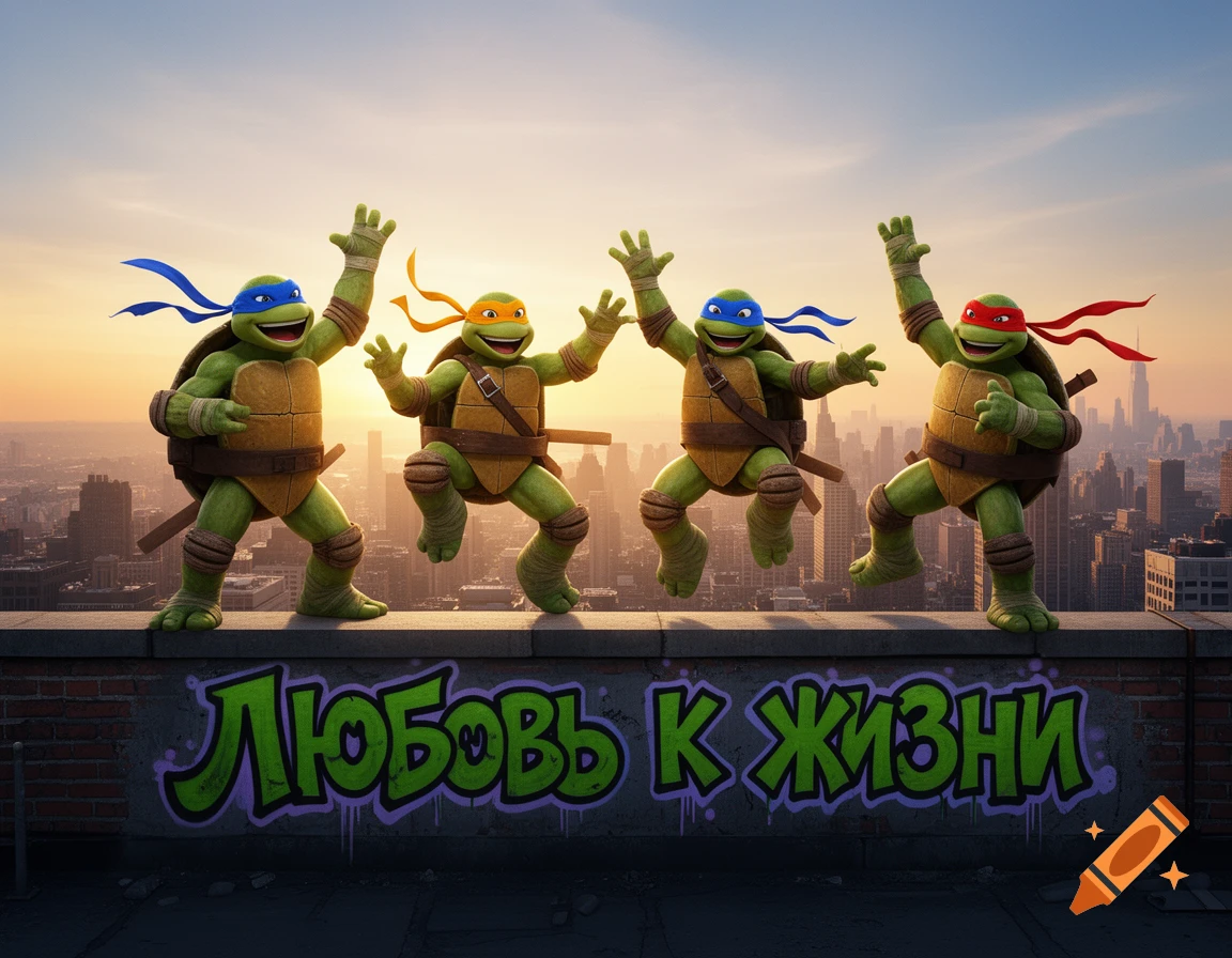 Four Teenage Mutant Ninja Turtles cheer on a city rooftop at sunset, with 'Love for life' graffiti on the wall.