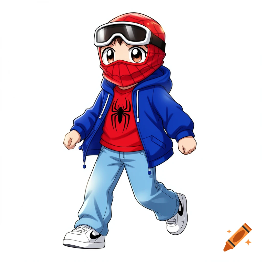 Anime-style drawing of a child dressed as Spider-Man in a blue hoodie, red spider logo shirt, red mask, goggles, jeans, and sneakers.
