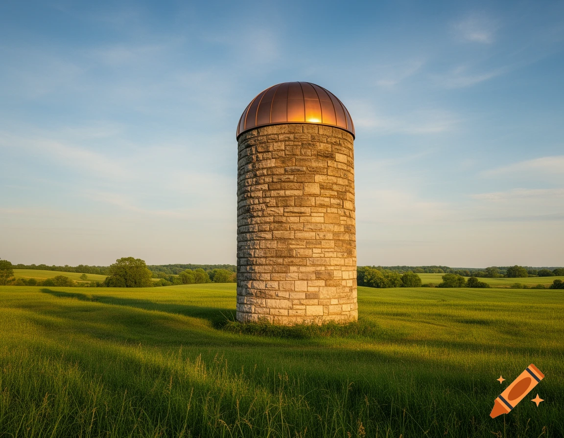 A photorealistic stone silo with a glistening bronze dome stands in a vibrant green field under a clear blue sky, illuminated by golden hour light.