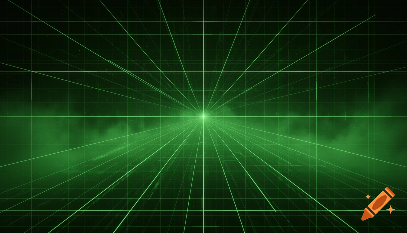 A dark green holographic tech grid extends into the distance, with a central bright light creating a futuristic tunnel effect.