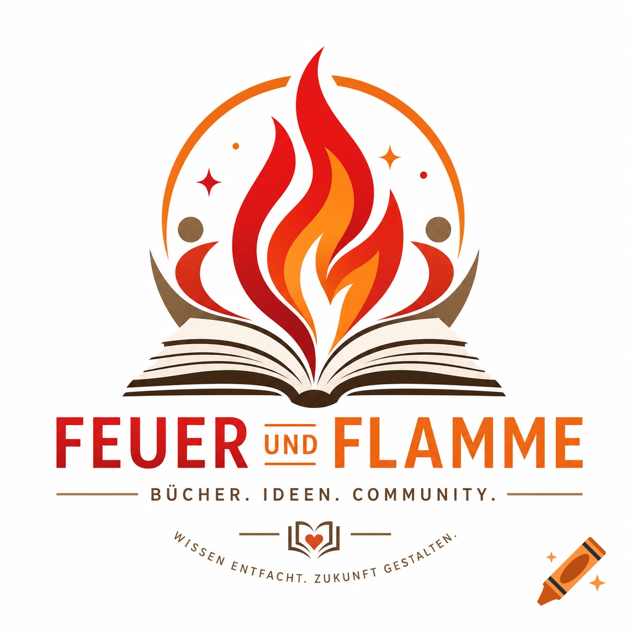 Logo of an open book with flames and stylized people, text 'FEUER UND FLAMME' with 'BÜCHER. IDEEN. COMMUNITY.' and 'WISSEN ENTFACHT. ZUKUNFT GESTALTEN.'.
