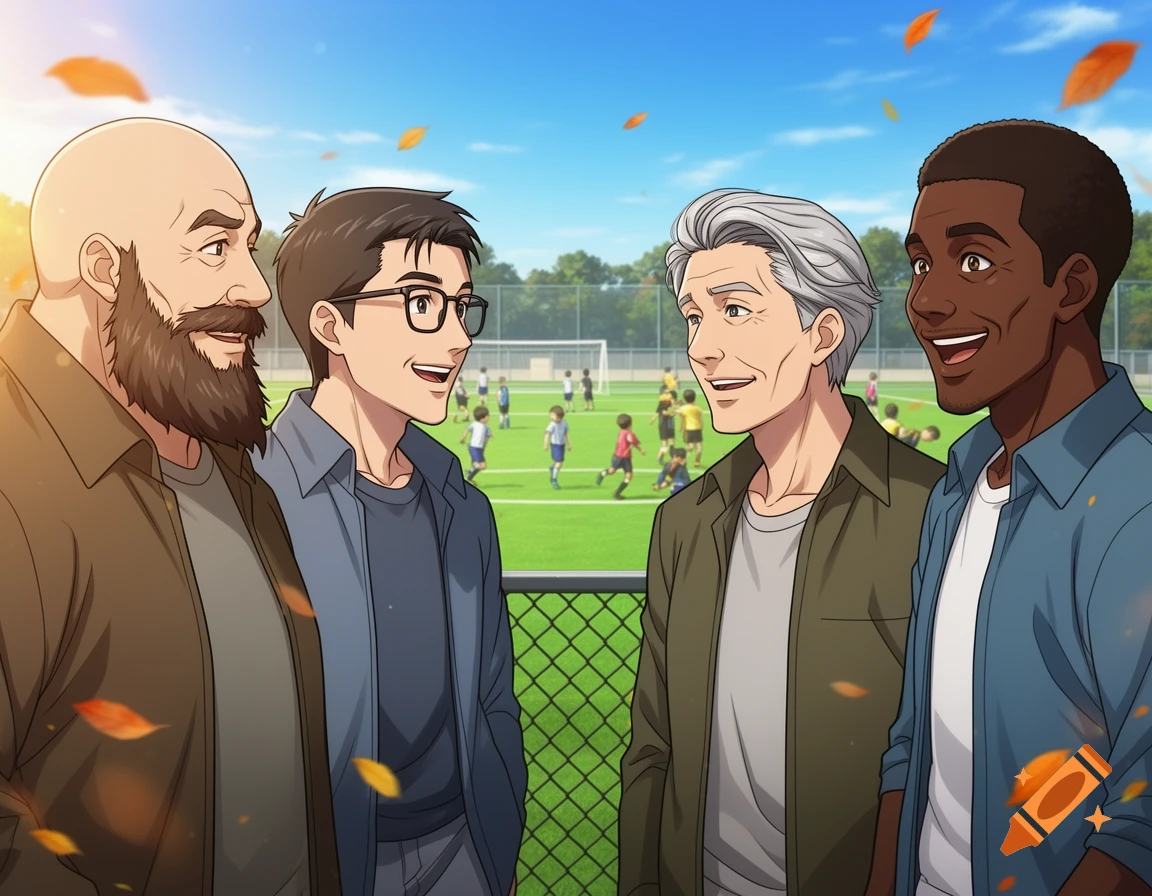 Four diverse men in anime style watching a children's soccer game from behind a fence with autumn leaves floating.