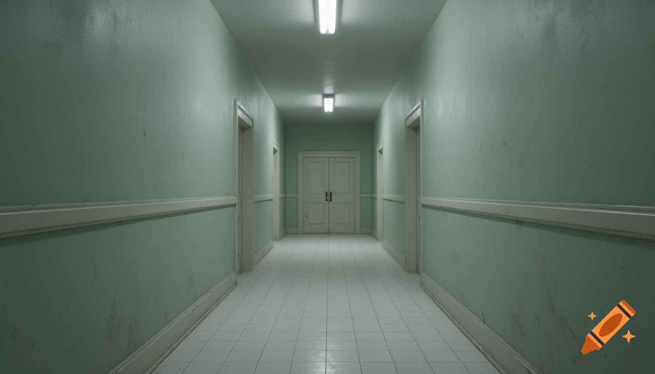 A long, empty, pale green institutional hallway with off-white floor tiles and double doors at the far end, in a realistic style.