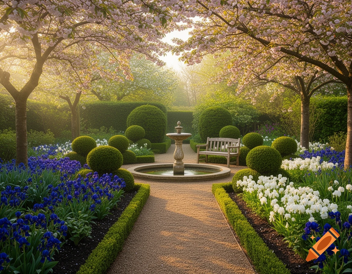 A tranquil garden scene with cherry blossoms, a fountain, a gravel path, and beds of blue and white flowers.