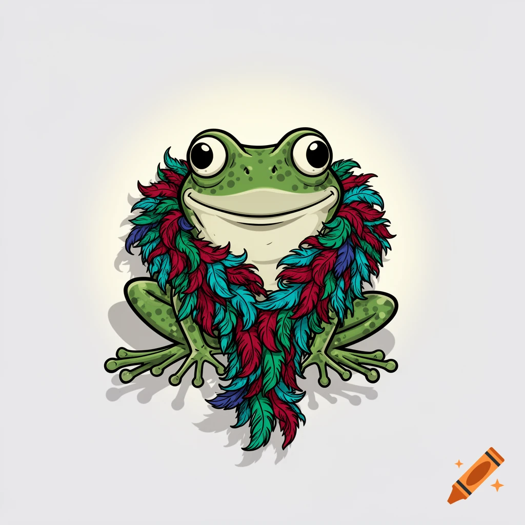 A cartoon frog with big eyes smiles while wearing a colorful feather boa on a white background.