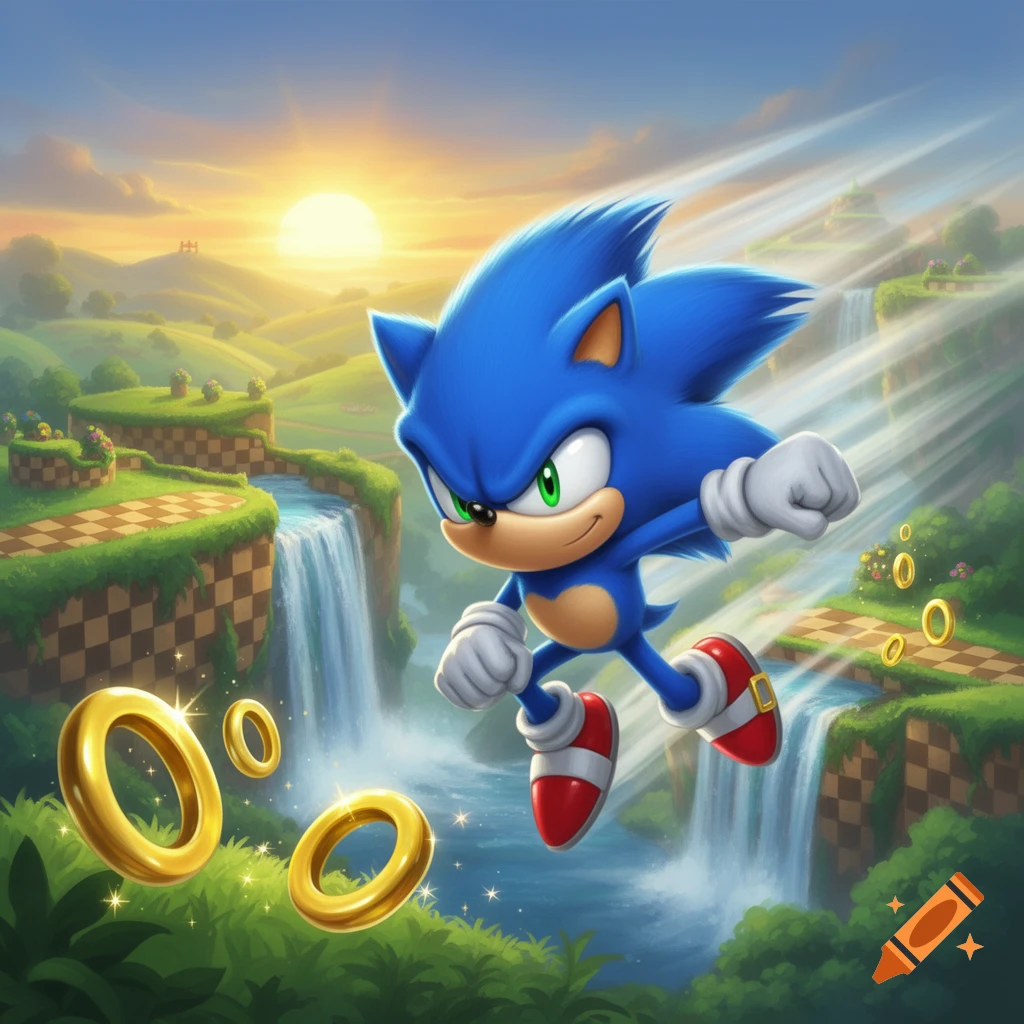 Sonic the Hedgehog jumps over a waterfall with golden rings in a vibrant, lush landscape at sunset.