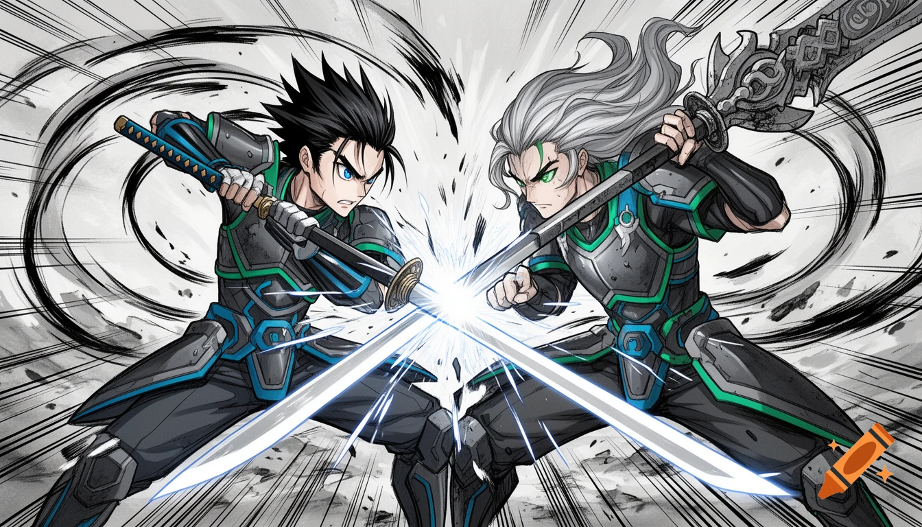 Two anime-style warriors, one with dark hair and blue eyes, the other with white hair and green eyes, clash their swords, emitting bright sparks, against a dynamic speed line background.