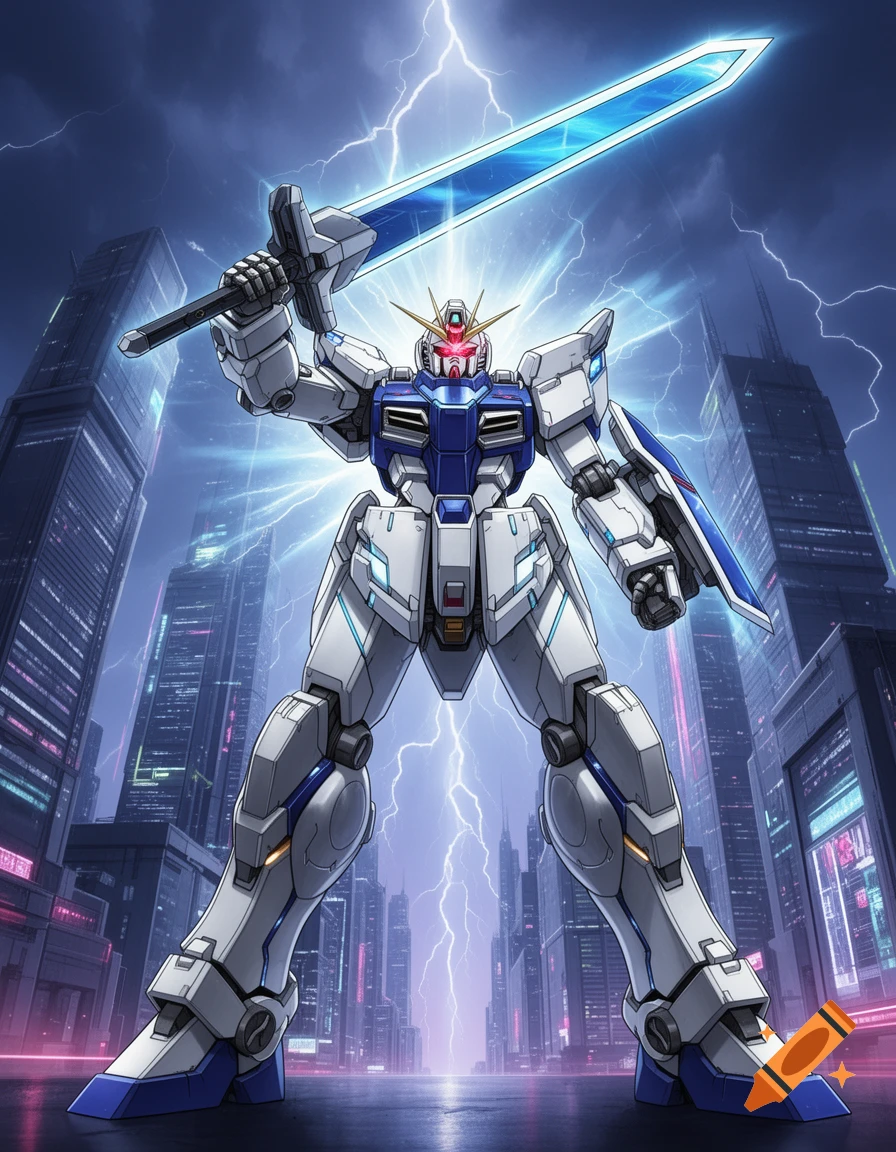 A white and blue Gundam-like mech stands with a glowing sword in a city under a stormy, lightning-filled sky. Anime style.
