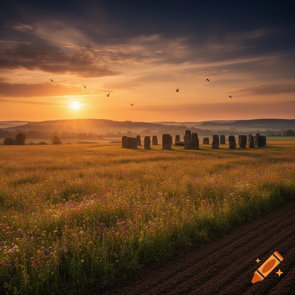 Vibrant sunset over a wildflower field with ancient standing stones, birds flying under a dramatic sky.