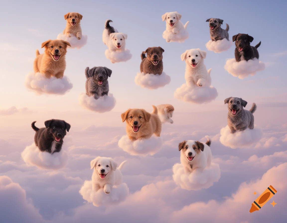 Many cute puppies of various breeds floating on fluffy white clouds in a dreamy, light blue and pink sky at sunset.