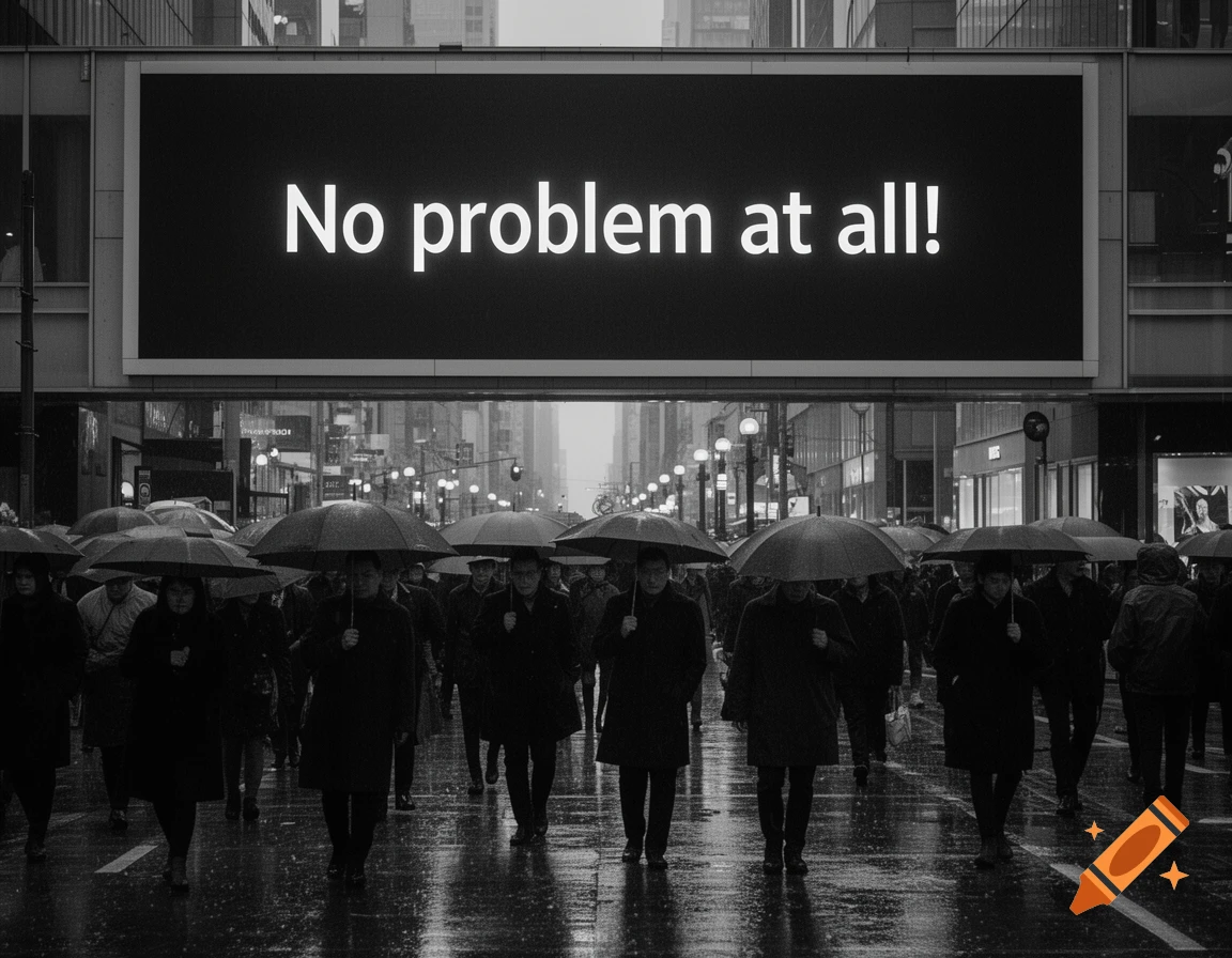 A black and white street photo of people with umbrellas walking in the rain under a large billboard displaying 'No problem at all!' in a city.