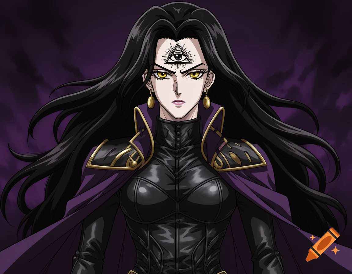 An anime-style woman with long black hair, yellow eyes, and an Eye of Providence symbol tattooed on her forehead, wearing a black leather outfit and a purple cape.