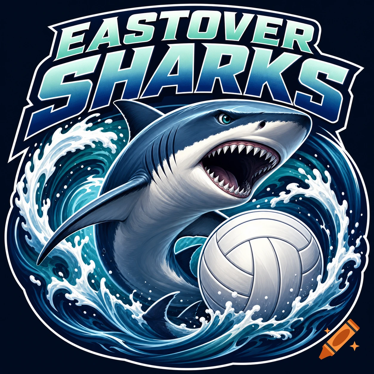 Stylized team logo with a blue shark, sharp teeth, and a volleyball amidst swirling ocean waves, with 'EASTOVER SHARKS' text.