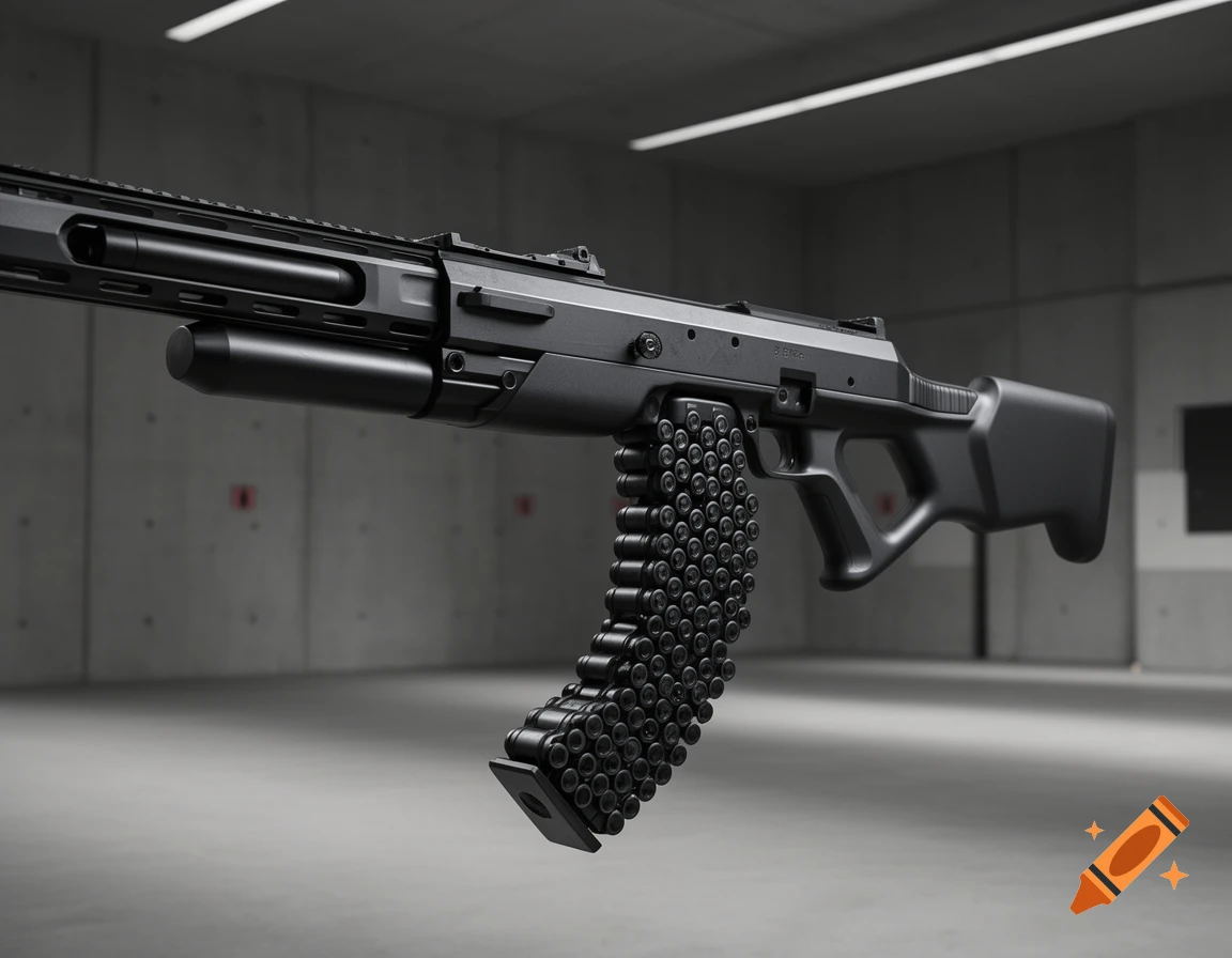 Photorealistic black modern rifle with a large drum magazine against a minimalist concrete background.