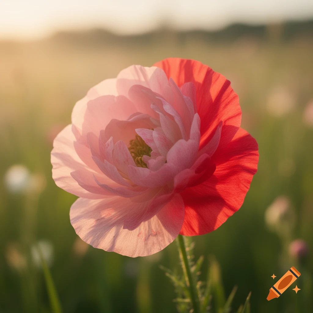 A close-up of a flower with light pink and red petals in a sunlit field at golden hour.