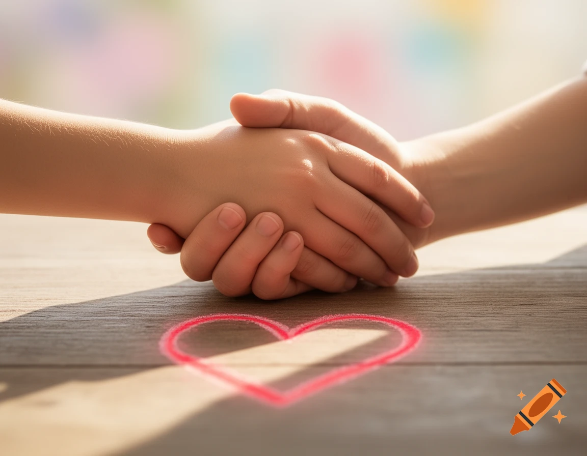 Close-up of an adult's hand holding a child's hand over a wooden table with a red chalk heart.